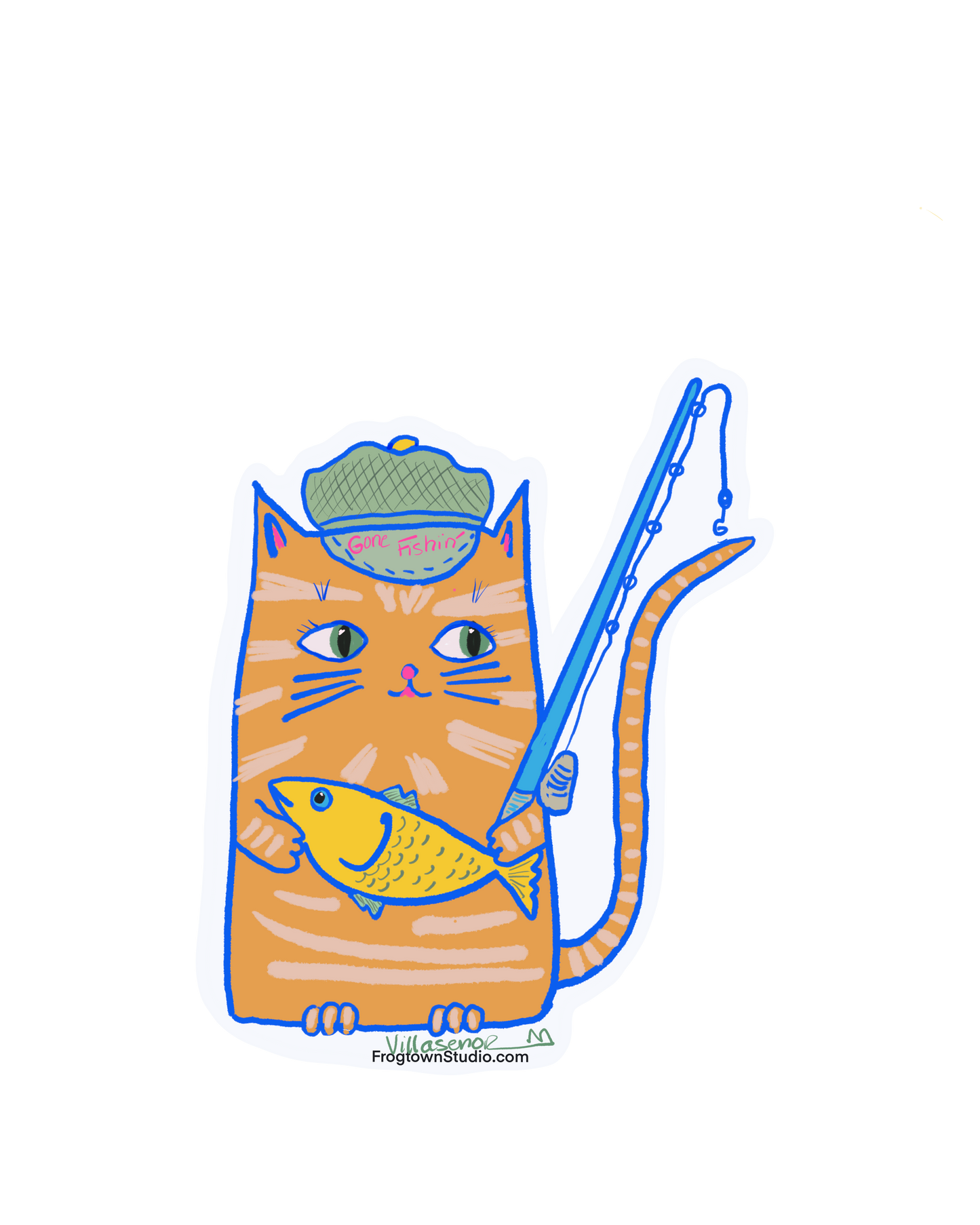 Fishing Cat with hat, fish and pole sticker