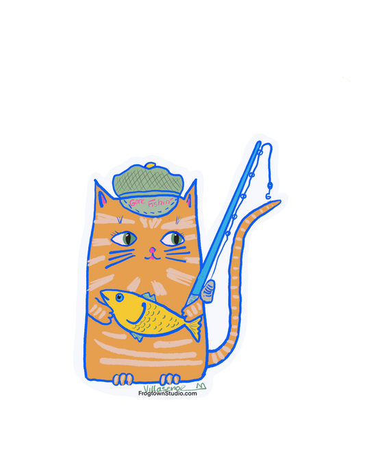 Fishing Cat with hat, fish and pole sticker